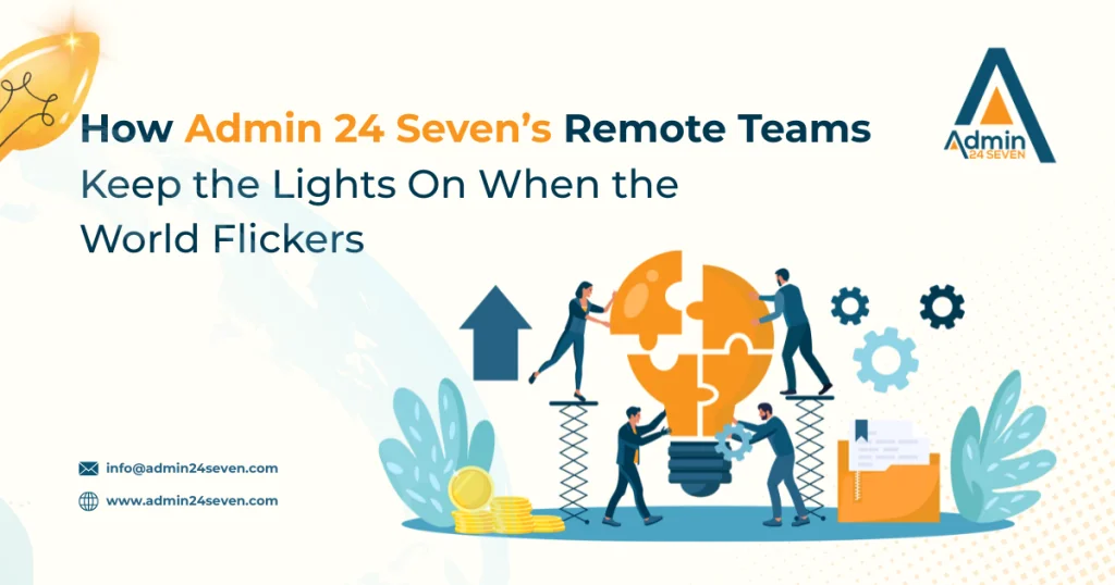 Illustration of Admin 24 Seven’s remote team solving business challenges with lightbulb and teamwork icons