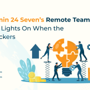 Illustration of Admin 24 Seven’s remote team solving business challenges with lightbulb and teamwork icons