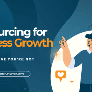 Illustration of a professional holding a glowing light bulb with text overlay “Outsourcing for Business Growth – The Smart Move You’re Not Making Yet” by Admin 24 Seven.