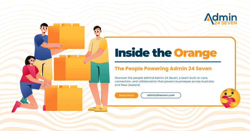 Illustration of Admin 24 Seven team members collaborating and building blocks, representing teamwork and connection behind the company’s success.