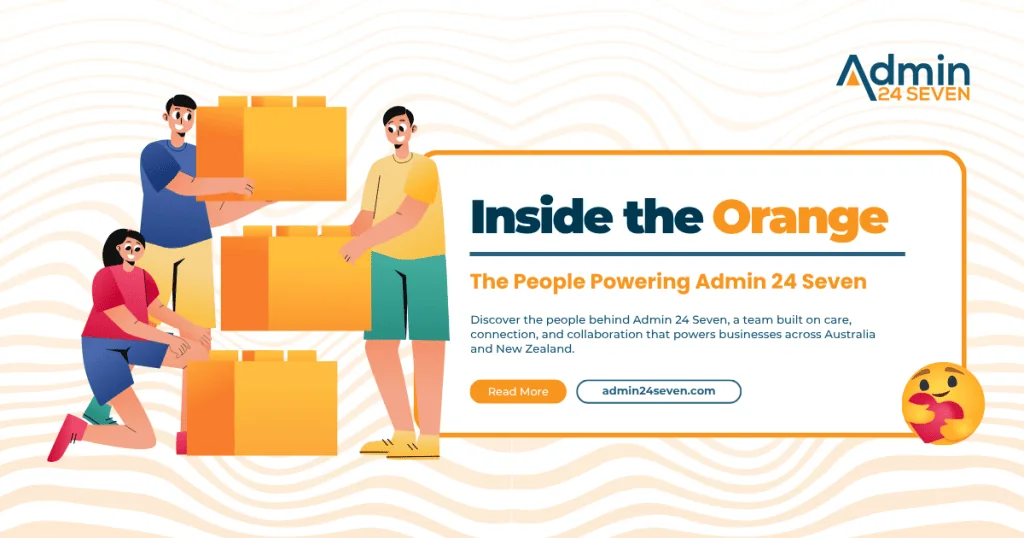 Illustration of Admin 24 Seven team members collaborating and building blocks, representing teamwork and connection behind the company’s success.