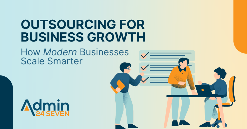 Outsourcing for business growth illustration showing team collaboration and task management for scaling modern businesses