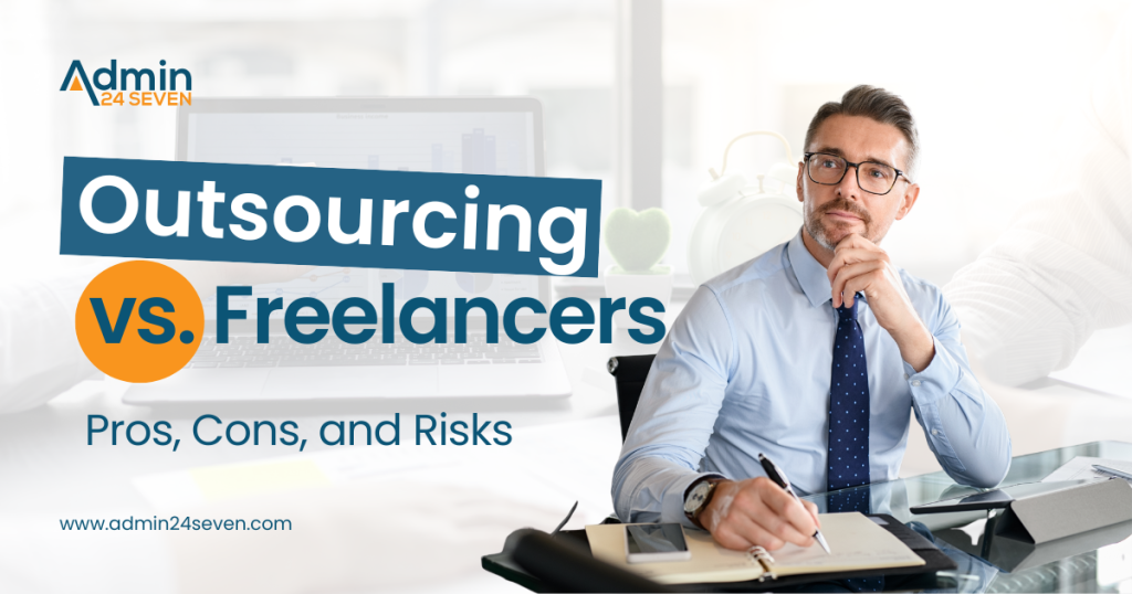 Outsourcing vs freelancers comparison for business growth showing pros cons and risks